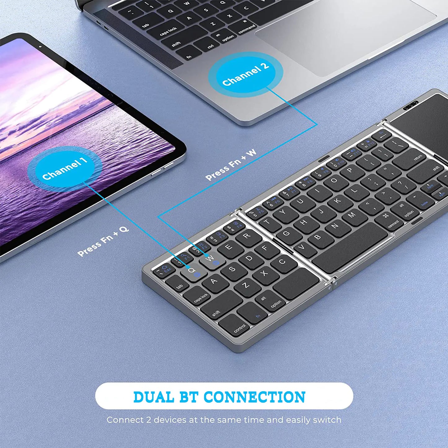 Rechargeable Wireless Bluetooth Keyboard with Dual-Device Connectivity